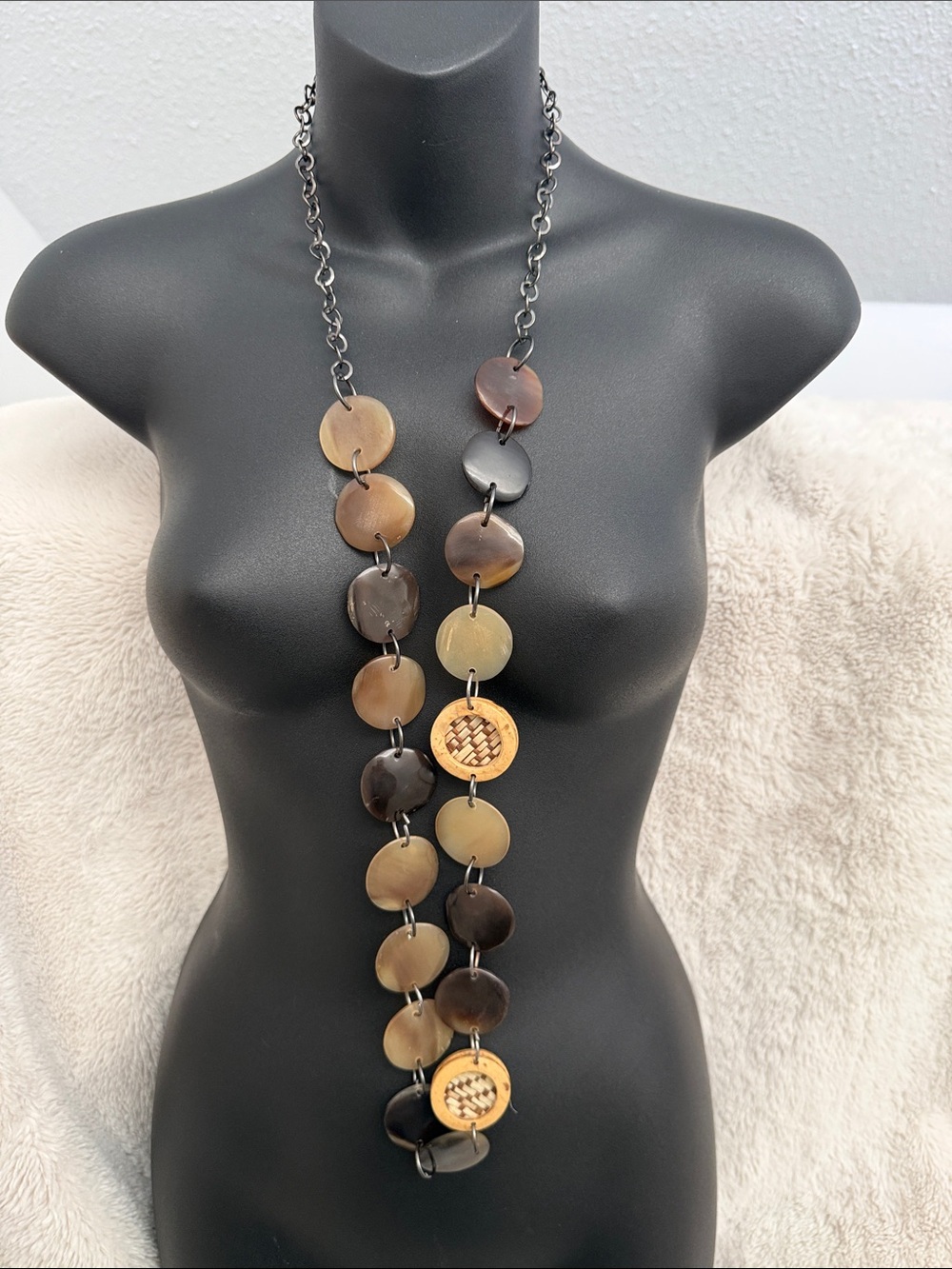 Long Brown Disc Necklace with Woven Accent